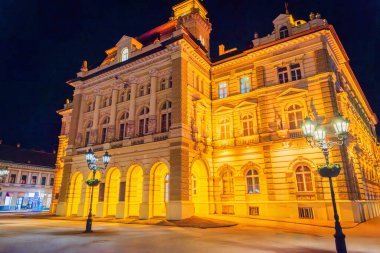 Novi Sad Belediye Binası gece gökyüzüne karşı sıcak altın ışıkta parlıyor. Bu tarihi eser mimariyi süslüyor ve merkez kareye hakim..