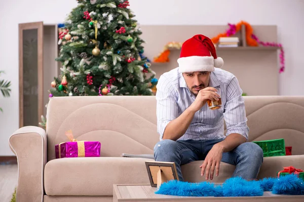 Young Man Celebrating New Year Home Alone — Stock Photo, Image