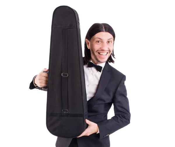 Mann Mit Geigenkoffer Isoliert Auf Weiß — Stockfoto