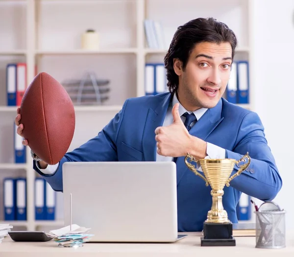 Joven Hombre Negocios Guapo Con Pelota Rugby Oficina —  Fotos de Stock