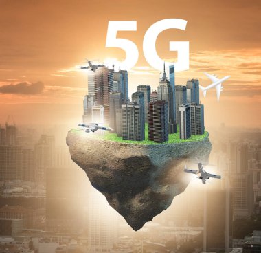 The concept of 5g technology with floating island clipart