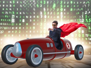 Süper kahraman iş adamı klasik bir roadster kullanıyor.