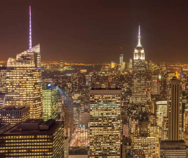 Visão Noturna Nova Iorque Manhattan Durante Pôr Sol — Fotografia de Stock