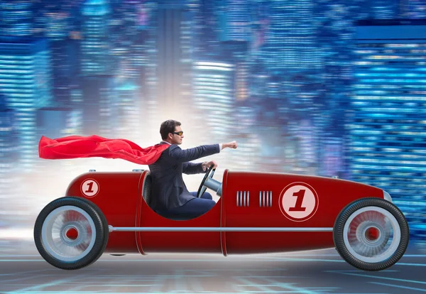 Superhero Businessman Driving Vintage Roadster — Stock Photo, Image