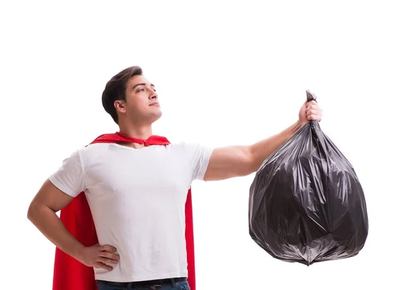 Superheld Met Vuilniszak Geïsoleerd Wit — Stockfoto