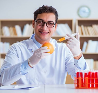 Bilim adamı organik meyve ve sebzeler üzerinde çalışıyor.