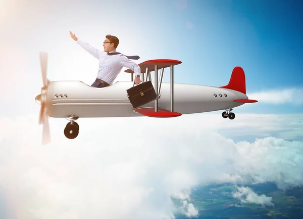 Biznesmen Lecący Starym Samolotem — Zdjęcie stockowe