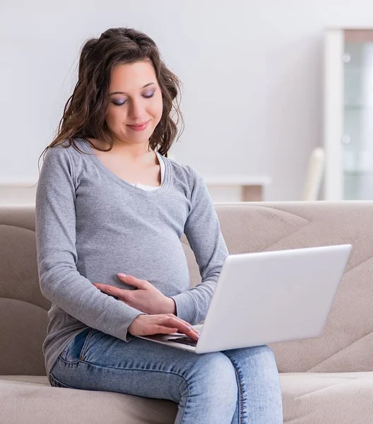 Pregnant Woman Working Laptop Sitting Sofa — Stock Photo, Image