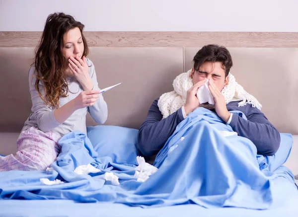 Wife Caring Sick Husband Home Bed — Stock Photo, Image