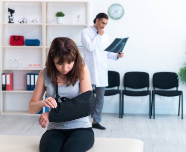 Erkek doktor travmatoloğu ziyaret eden genç kadın.