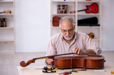 Eski tamirci atölyede müzik aletlerini tamir ediyor.