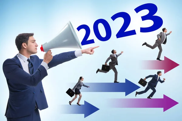 Zakenman Met Luidspreker Het 2023 Jarige Concept — Stockfoto