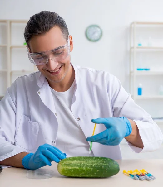研究室の男性栄養士試験野菜 — ストック写真
