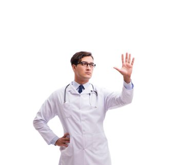 Genç doktor beyaz arka planda izole edildi.