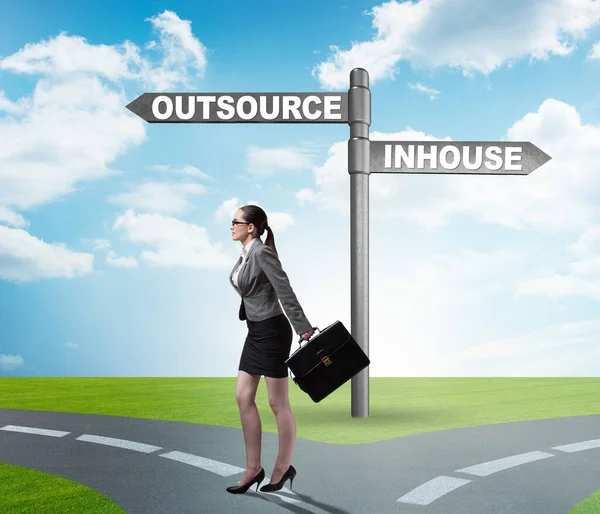 Bizneswoman Skrzyżowaniu Dróg Decyduje Outsourcingu Inhouse — Zdjęcie stockowe