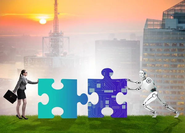 Robot Human Cooperating Jigsaw Puzzle — Stock Photo, Image