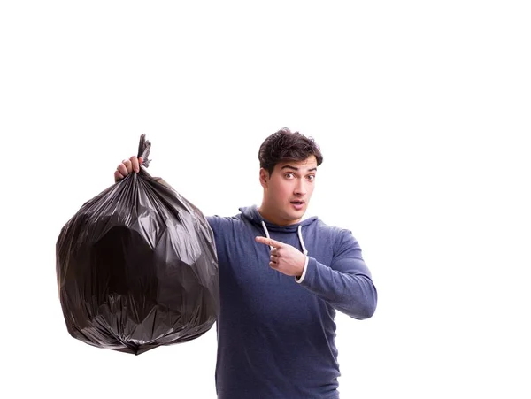 Der Mann Mit Dem Müllsack Isoliert Auf Weiß — Stockfoto