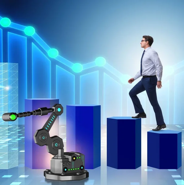 ロボットアームがサポートするチャートを歩いているビジネスマン — ストック写真