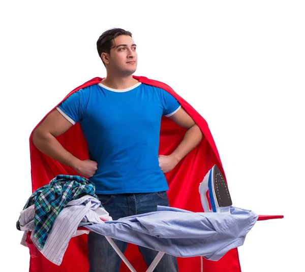 Super Bohater Człowiek Mąż Prasowanie Izolowane Białym — Zdjęcie stockowe