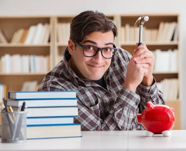 Young Student Breaking Piggy Bank Buy Textbooks — Stock Photo, Image