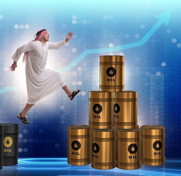 Arabský Podnikatel Skákající Barelů Ropy — Stock fotografie