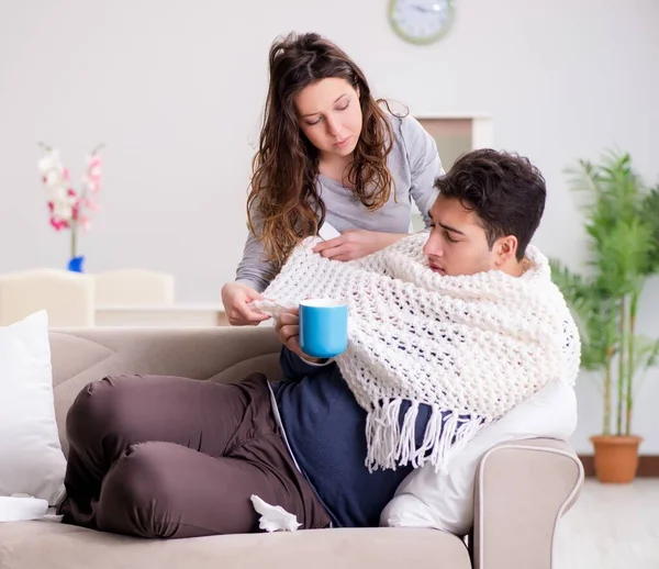Wife Caring Sick Husband Home — Stock Photo, Image