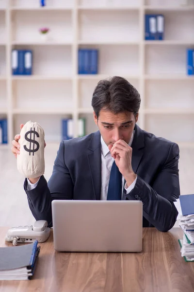 Young Employee Holding Moneybag Workplace — Stock Photo, Image