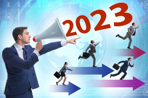 Zakenman Met Luidspreker Het 2023 Jarige Concept — Stockfoto
