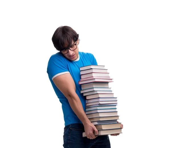 Den Manliga Studenten Med Många Böcker Isolerade Vitt — Stockfoto