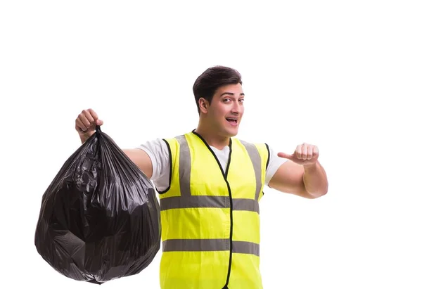 Homem Com Saco Lixo Isolado Branco — Fotografia de Stock