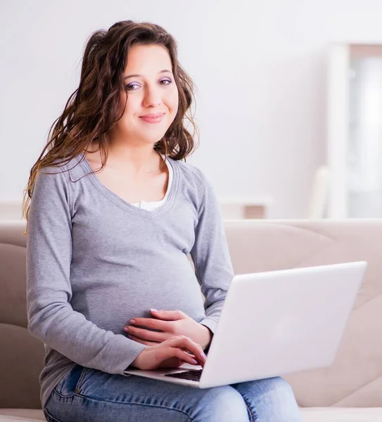 Dizüstü Bilgisayarda Çalışan Hamile Kadın Kanepede Oturuyor — Stok fotoğraf