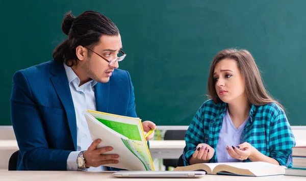 Young Handsome Teacher Female Student Classroom — Stock Photo, Image
