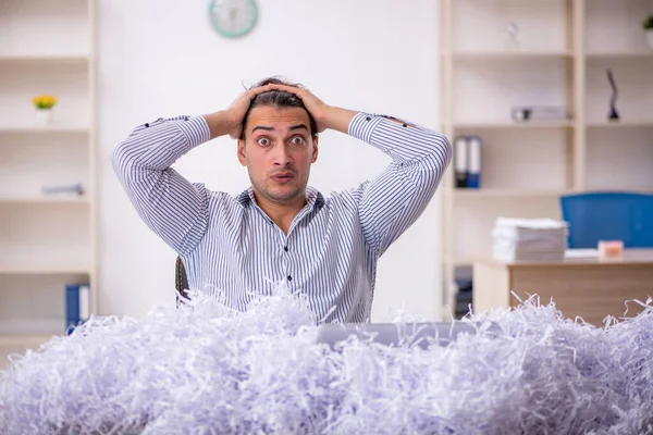Young Businessman Employee Lot Cut Papers Workplace — Stock Photo, Image