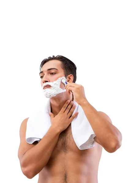 Handsome Man Shaving Isolated White Background — Stock Photo, Image