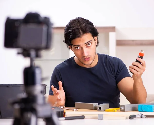 Young Male Repairman Recording Video His Blog — Stock Photo, Image