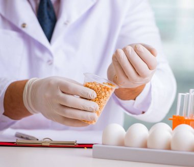 Beslenme uzmanı gıda ürünlerini laboratuvarda test ediyor.