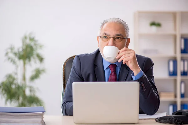 Old businessman employee drinking coffee during break