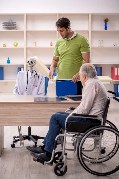 Old Male Patient Wheel Chair Visiting Skeleton Doctor — Stock Photo, Image