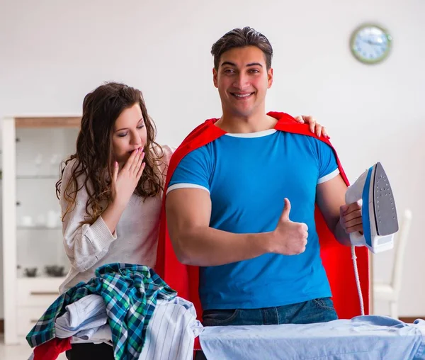 Super Hero Man Husband Ironing Home Helping His Wife — Stock Photo, Image