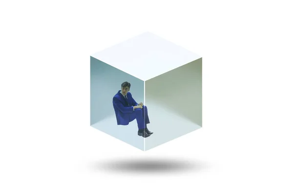 Uomo Affari Intrappolato Nel Cubo Vetro Trasparente — Foto Stock