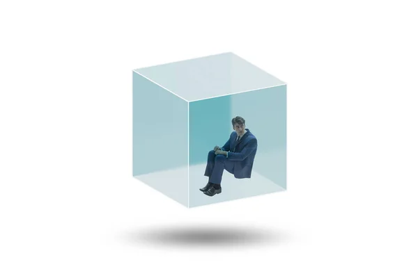 Businessman Trapped Transparent Glass Cube — Stock Photo, Image