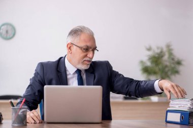 Old employee sitting at workplace