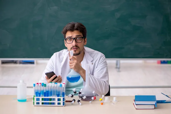 Young Chemist Front Blackboard — Stock Photo, Image