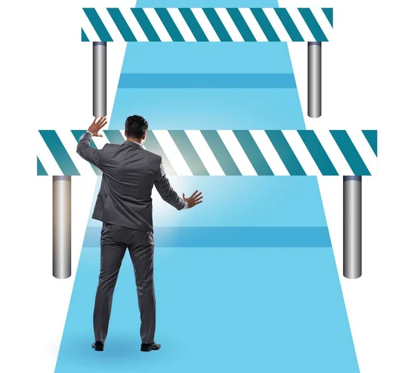 Businessman Facing Running Barriers Challenging Business — Stock Photo, Image