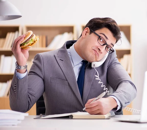 Hungry Funny Businessman Eating Junk Food Sandwich — Stock Photo, Image