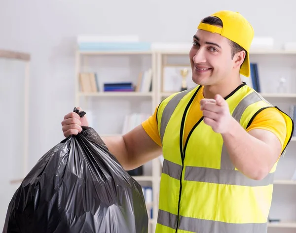 Man Cleaning Office Holding Garbage Bag — Stock Photo, Image