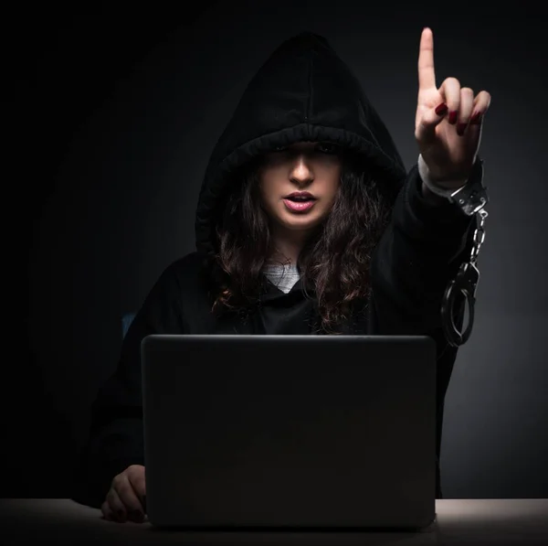 The female hacker hacking security firewall late in office