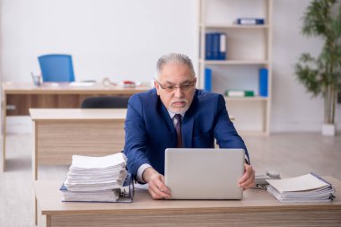 Old employee sitting at workplace