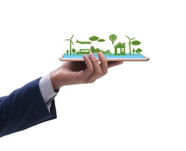 Hand Holding Tablet Mini Ecosystem Clean Energy — Stock Photo, Image