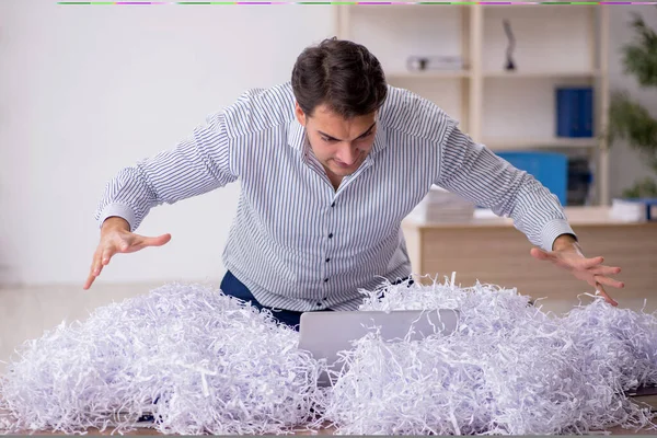 Young Businessman Employee Lot Cut Papers Workplace — Stock Photo, Image